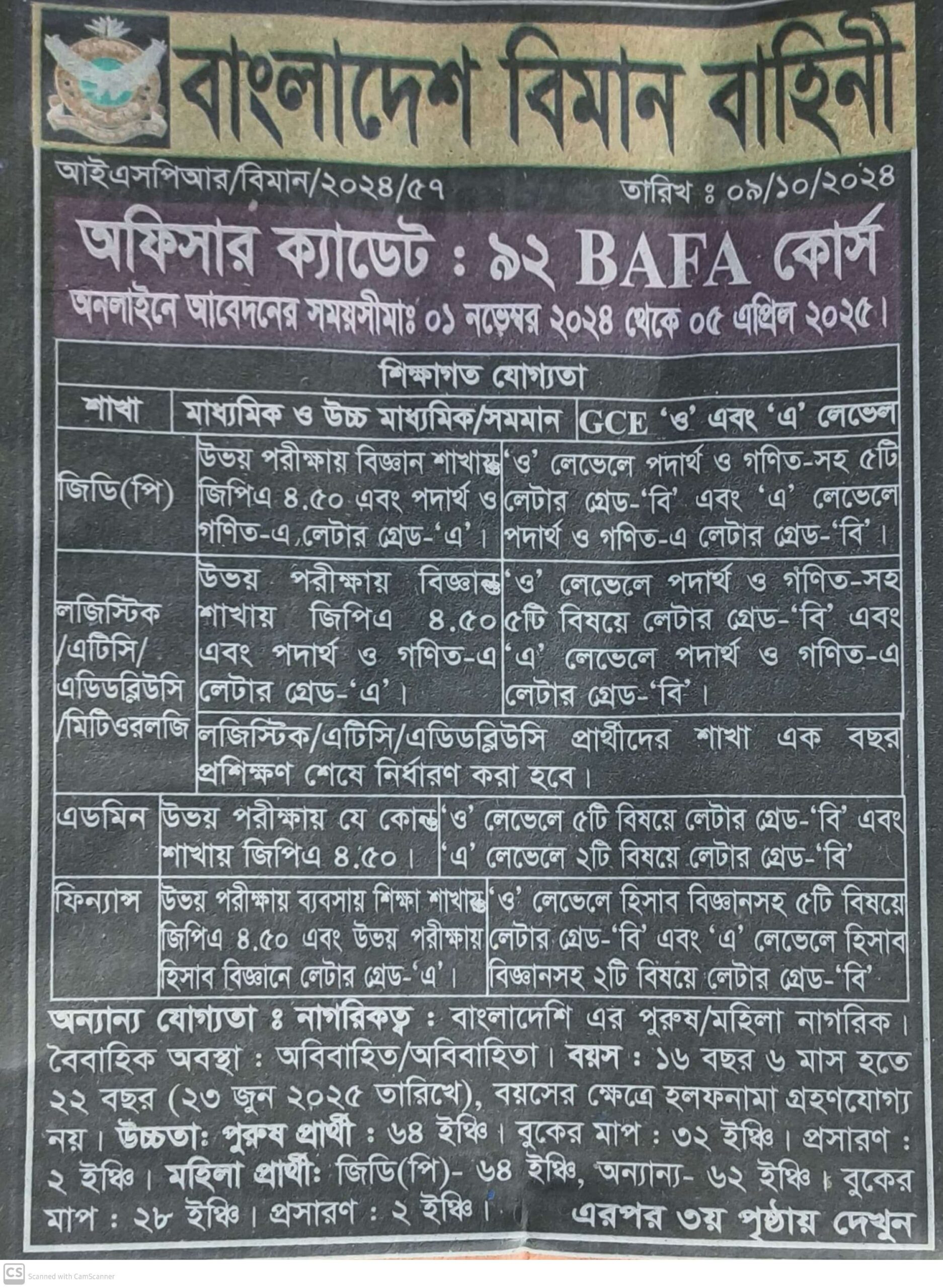 বাংলাদেশ বিমান বাহিনীতে অফিসার ক্যাডেট পদের বিজ্ঞপ্তি