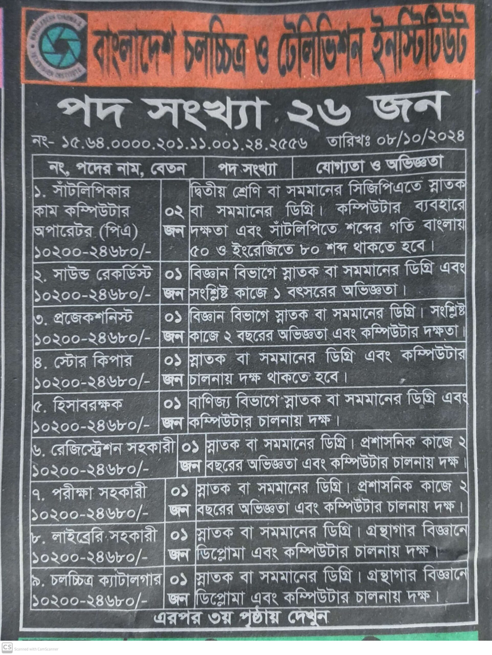 বাংলাদেশ চলচ্চিত্র ও টেলিভিশন ইনস্টিটিউ এর নিয়োগ বিজ্ঞপ্তি