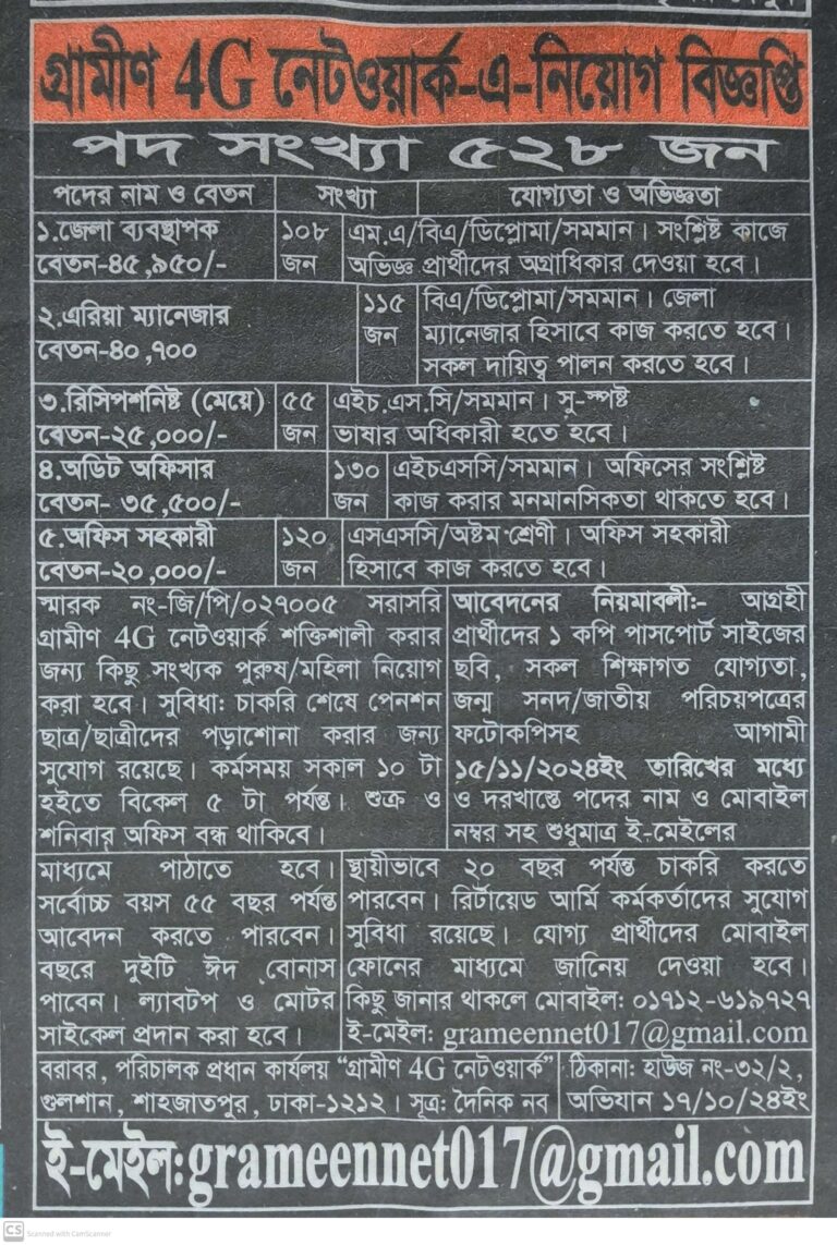 গ্রামীণ ফোরজি নেটওয়ার্ক এ নিয়োগ বিজ্ঞপ্তি