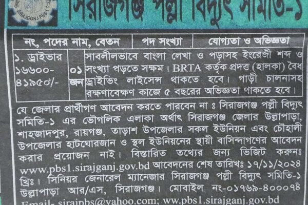 সিরাজগঞ্জ পল্লী বিদ্যুৎ সমিতি-১ নিয়োগ বিজ্ঞপ্তি