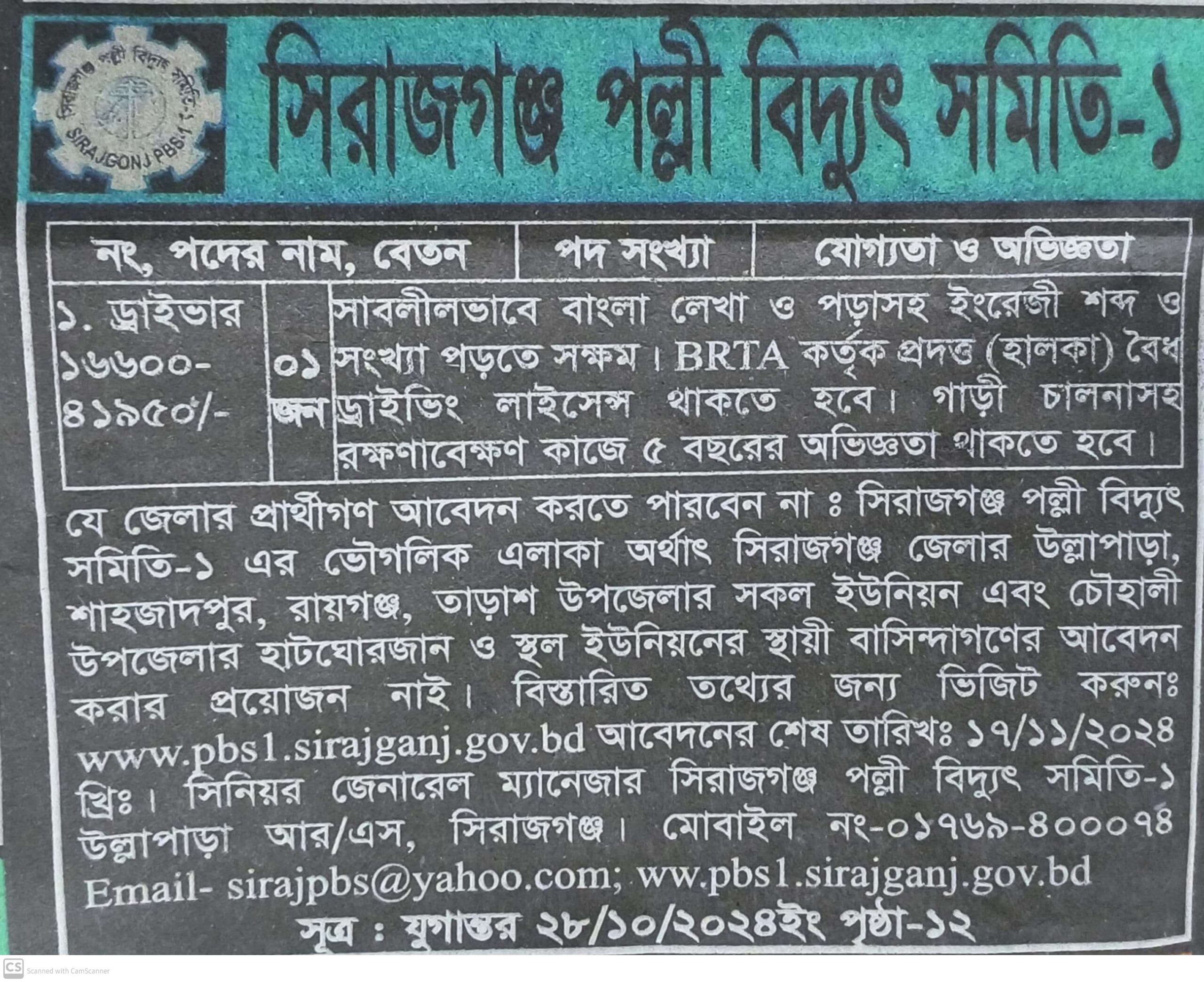 সিরাজগঞ্জ পল্লী বিদ্যুৎ সমিতি-১ নিয়োগ বিজ্ঞপ্তি