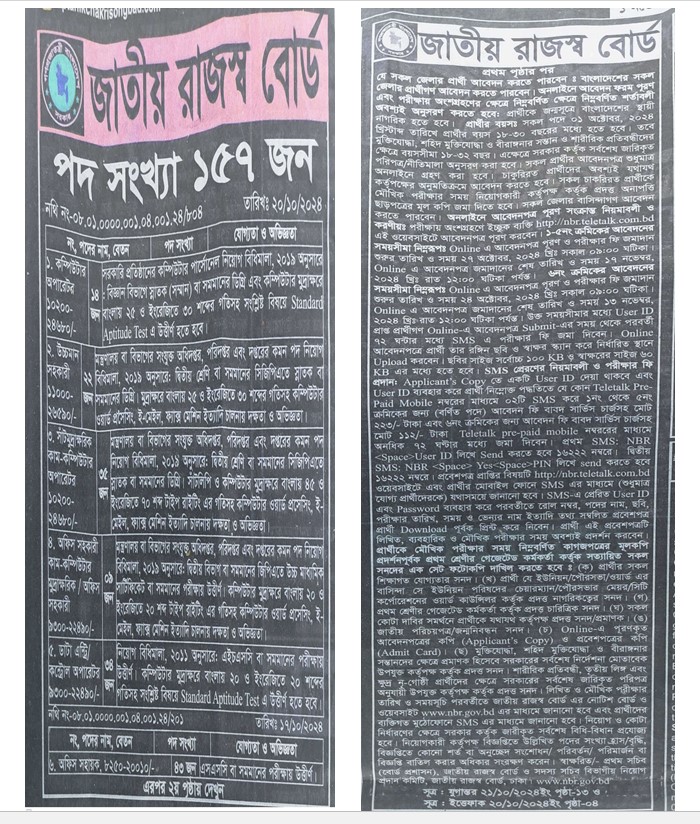 জাতীয় রাজস্ব বোর্ডে নিয়োগ বিজ্ঞপ্তি